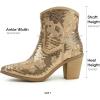 imageJABASIC Women Western Cowboy Ankle Boots Low Cowgirl Boots with Zipper Short Pointed Toe BootiesGold