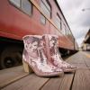 imageJABASIC Women Western Cowboy Ankle Boots Low Cowgirl Boots with Zipper Short Pointed Toe BootiesPink