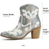 imageJABASIC Women Western Cowboy Ankle Boots Low Cowgirl Boots with Zipper Short Pointed Toe BootiesWhite