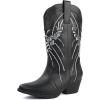 imageJABASIC Womens Mid Calf Western Cowboy Boots Pointed Toe Sequin Embroidered Chunky Heel Cowgirl BootiesBlack