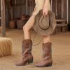 imageJABASIC Womens Mid Calf Western Cowboy Boots Pointed Toe Sequin Embroidered Chunky Heel Cowgirl BootiesBrown