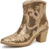 imageJABASIC Women Western Cowboy Ankle Boots Low Cowgirl Boots with Zipper Short Pointed Toe BootiesGold