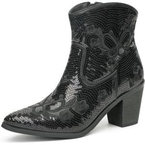 imageJABASIC Women Western Cowboy Ankle Boots Low Cowgirl Boots with Zipper Short Pointed Toe BootiesBlack