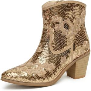 imageJABASIC Women Western Cowboy Ankle Boots Low Cowgirl Boots with Zipper Short Pointed Toe BootiesGold