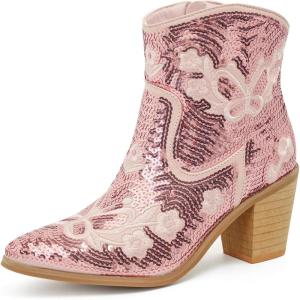 imageJABASIC Women Western Cowboy Ankle Boots Low Cowgirl Boots with Zipper Short Pointed Toe BootiesPink
