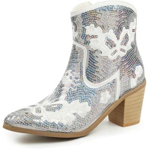 imageJABASIC Women Western Cowboy Ankle Boots Low Cowgirl Boots with Zipper Short Pointed Toe BootiesWhite