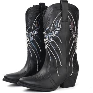imageJABASIC Womens Mid Calf Western Cowboy Boots Pointed Toe Sequin Embroidered Chunky Heel Cowgirl BootiesBlack