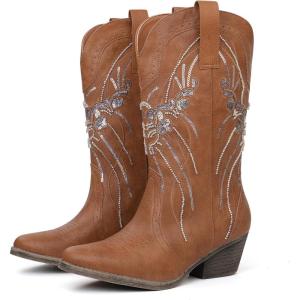 imageJABASIC Womens Mid Calf Western Cowboy Boots Pointed Toe Sequin Embroidered Chunky Heel Cowgirl BootiesBrown