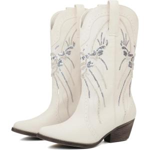 imageJABASIC Womens Mid Calf Western Cowboy Boots Pointed Toe Sequin Embroidered Chunky Heel Cowgirl BootiesWhite