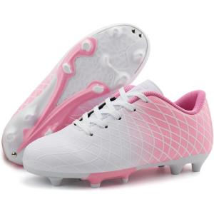 imageJABASIC Kids Outdoor Soccer Cleats Athletic Firm Ground Football ShoesWhite Pink