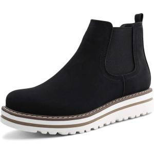 imageJABASIC Womens Chelsea Elastic Ankle Boots Waterproof Flat BootsBlack