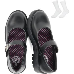 image:imageJABASIC Girls Mary Jane School Shoes with Socks Set Black Uniform Shoes Hook Loop Shoes for KidsBlack
