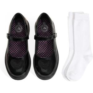 image:imageJABASIC School Shoes for Girls Mary Jane Uniform Oxford Dress Shoes with Knee High SocksBlack