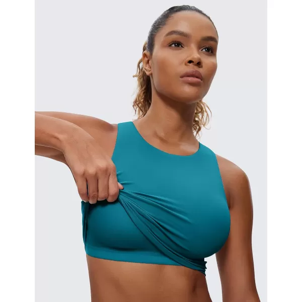 CRZ YOGA Butterluxe Womens Racerback High Neck Longline Sports Bra  Padded Workout Crop Tank Tops with Built in Shelf BraBorealis Green