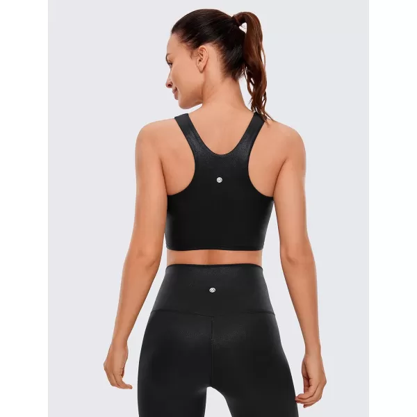 CRZ YOGA Butterluxe Womens Racerback High Neck Longline Sports Bra  Padded Workout Crop Tank Tops with Built in Shelf BraFaux Leather Black Classic