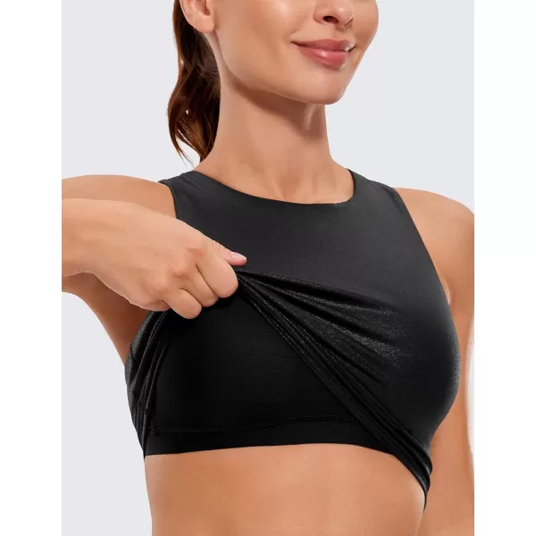 CRZ YOGA Butterluxe Womens Racerback High Neck Longline Sports Bra  Padded Workout Crop Tank Tops with Built in Shelf BraFaux Leather Black Classic