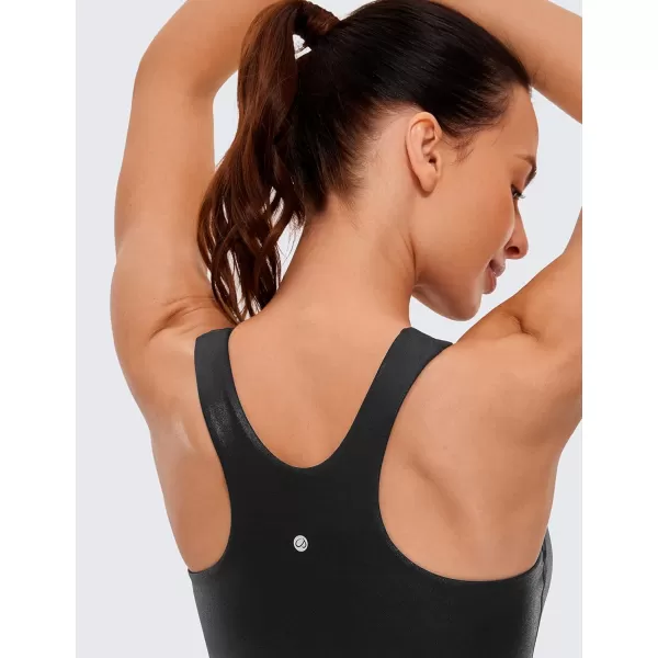 CRZ YOGA Butterluxe Womens Racerback High Neck Longline Sports Bra  Padded Workout Crop Tank Tops with Built in Shelf BraFaux Leather Black Classic