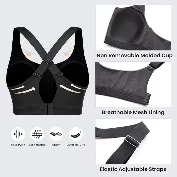 CRZ YOGA Womens Zip Front High Impact Sports Bra  Molded Cup Wireless Workout Yoga Bra with Adjustable Convertible StrapsBlack