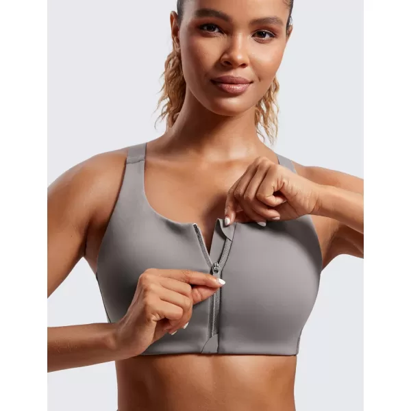 CRZ YOGA Womens Zip Front High Impact Sports Bra  Molded Cup Wireless Workout Yoga Bra with Adjustable Convertible StrapsDeep Gray