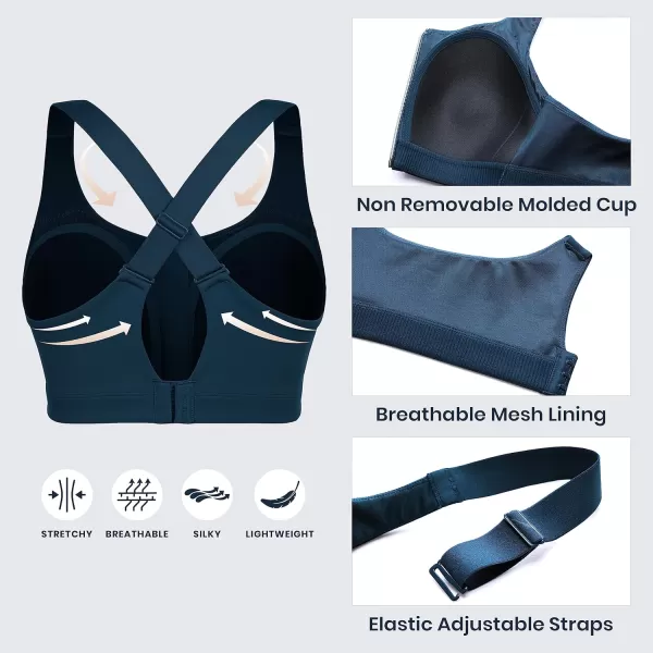 CRZ YOGA Womens Zip Front High Impact Sports Bra  Molded Cup Wireless Workout Yoga Bra with Adjustable Convertible StrapsFrench Navy