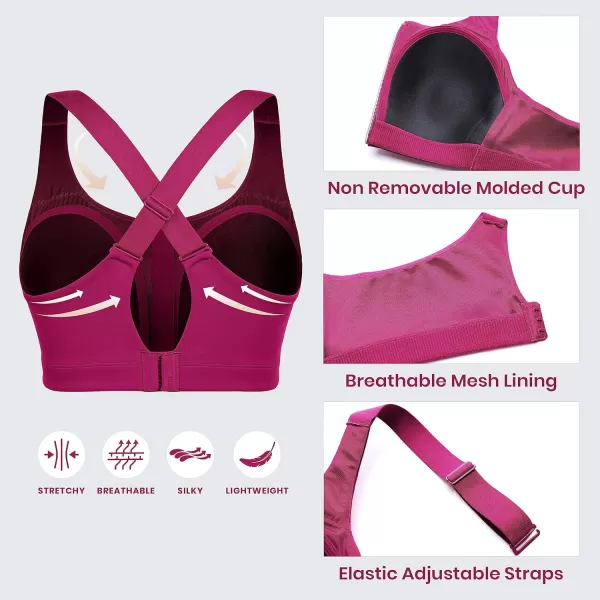 CRZ YOGA Womens Zip Front High Impact Sports Bra  Molded Cup Wireless Workout Yoga Bra with Adjustable Convertible StrapsMagenta Purple