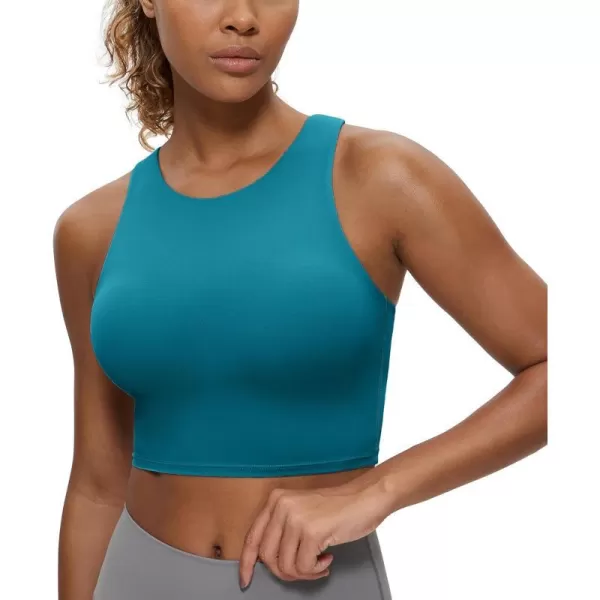 CRZ YOGA Butterluxe Womens Racerback High Neck Longline Sports Bra  Padded Workout Crop Tank Tops with Built in Shelf BraBorealis Green