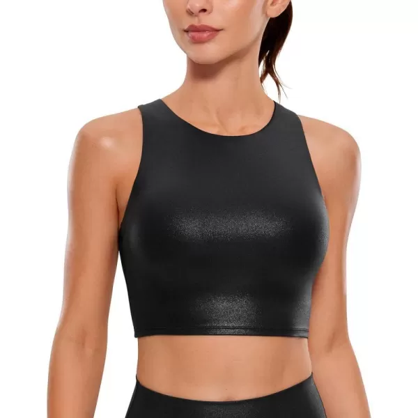 CRZ YOGA Butterluxe Womens Racerback High Neck Longline Sports Bra  Padded Workout Crop Tank Tops with Built in Shelf BraFaux Leather Black Classic