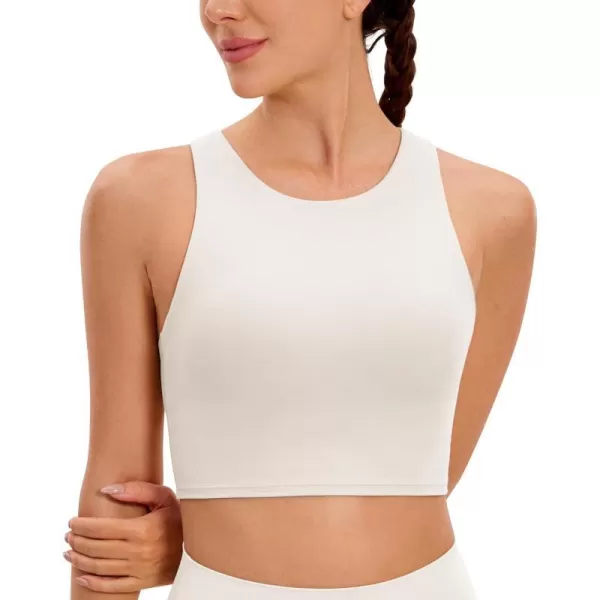 CRZ YOGA Butterluxe Womens Racerback High Neck Longline Sports Bra  Padded Workout Crop Tank Tops with Built in Shelf BraMilky White