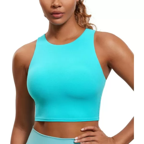 CRZ YOGA Butterluxe Womens Racerback High Neck Longline Sports Bra  Padded Workout Crop Tank Tops with Built in Shelf BraNeonspectral Blue