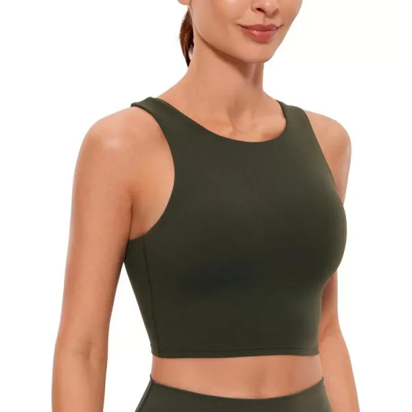 CRZ YOGA Butterluxe Womens Racerback High Neck Longline Sports Bra  Padded Workout Crop Tank Tops with Built in Shelf BraOlive Green