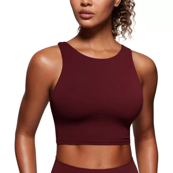 CRZ YOGA Butterluxe Womens Racerback High Neck Longline Sports Bra  Padded Workout Crop Tank Tops with Built in Shelf BraRed Merlot