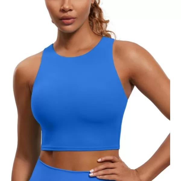 CRZ YOGA Butterluxe Womens Racerback High Neck Longline Sports Bra  Padded Workout Crop Tank Tops with Built in Shelf BraSparkle Blue