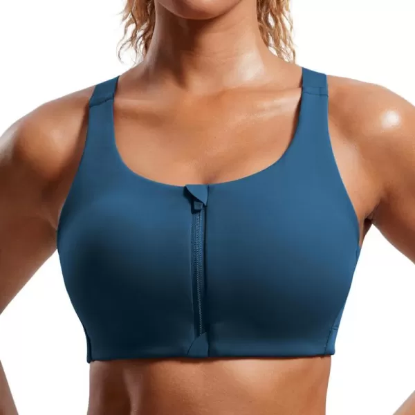 CRZ YOGA Womens Zip Front High Impact Sports Bra  Molded Cup Wireless Workout Yoga Bra with Adjustable Convertible StrapsFrench Navy