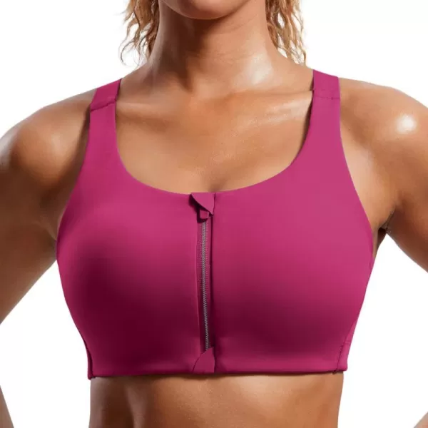 CRZ YOGA Womens Zip Front High Impact Sports Bra  Molded Cup Wireless Workout Yoga Bra with Adjustable Convertible StrapsMagenta Purple