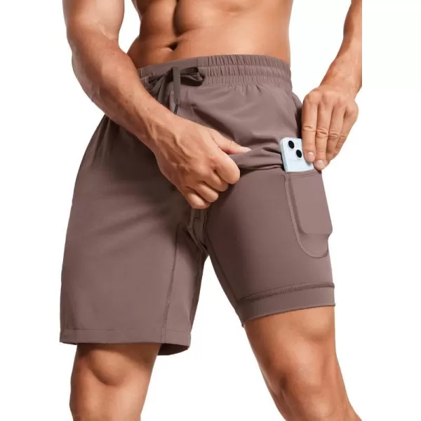 CRZ YOGA Mens 2 in 1 Running Shorts with Liner  7 Quick Dry Workout Sports Athletic Shorts with PocketsBrown Rock