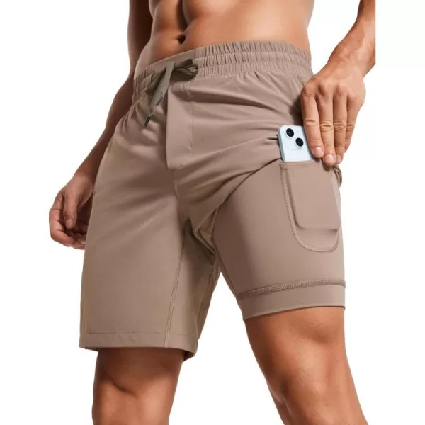 CRZ YOGA Mens 2 in 1 Running Shorts with Liner  7 Quick Dry Workout Sports Athletic Shorts with PocketsMineral Brown