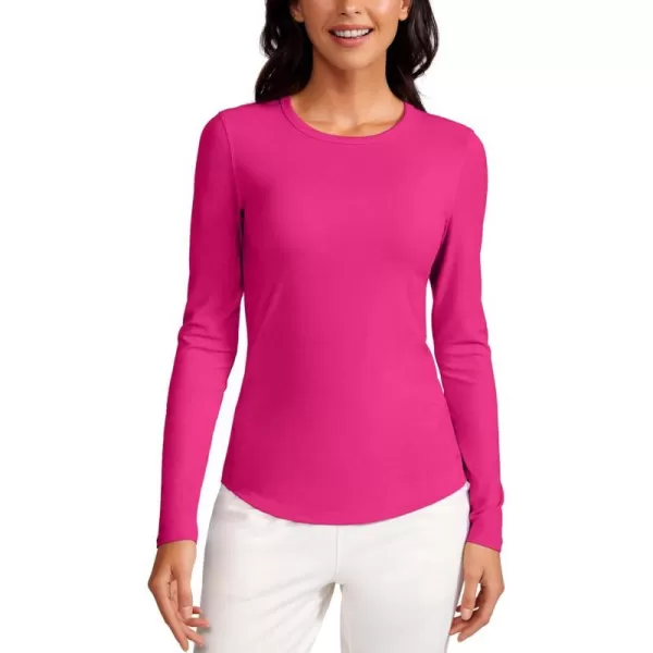 CRZ YOGA Womens Ribbed Long Sleeve Shirts Stretchy High Crewneck Slim Fitted Shirt Fall Casual Basic Layer Tee TopsGranita Pink