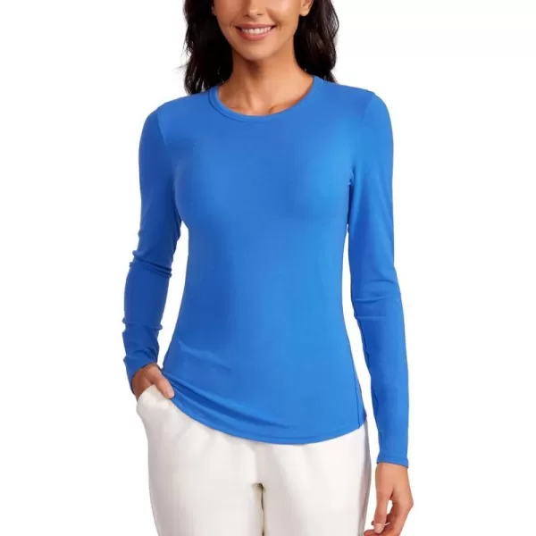 CRZ YOGA Womens Ribbed Long Sleeve Shirts Stretchy High Crewneck Slim Fitted Shirt Fall Casual Basic Layer Tee TopsSparkle Blue