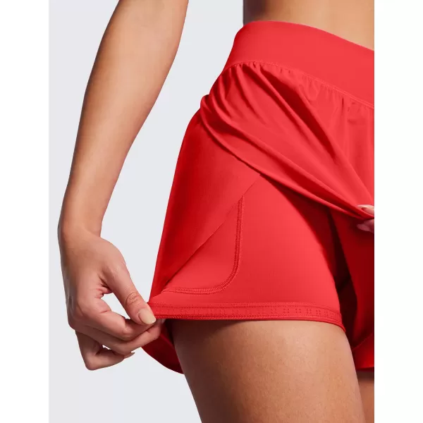 CRZ YOGA 2 in 1 Dolphin Running Shorts for Women High Waisted Gym Workot Athletic Tennis Shorts with Pockets SplitDeep Red