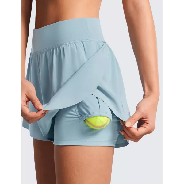 CRZ YOGA 2 in 1 Dolphin Running Shorts for Women High Waisted Gym Workot Athletic Tennis Shorts with Pockets SplitLight Grayish Blue