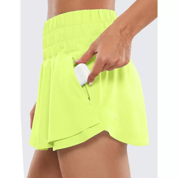 CRZ YOGA Athletic Shorts for Women High Waisted Flowy Ruffle Skirt Overlay Workout Running Tennis Shorts Zip PocketNeon Yellow