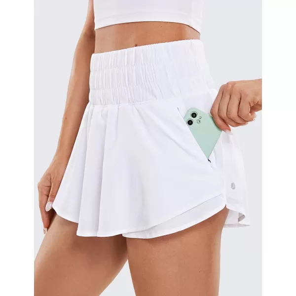 CRZ YOGA Athletic Shorts for Women High Waisted Flowy Ruffle Skirt Overlay Workout Running Tennis Shorts Zip PocketWhite