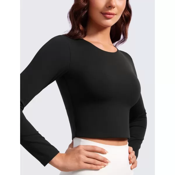 CRZ YOGA Butterluxe Double Lined Long Sleeve Workout Tops for Women Crew Neck Fitted Crop Top Casual Tight Basic ShirtsBlack