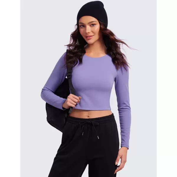 CRZ YOGA Butterluxe Double Lined Long Sleeve Workout Tops for Women Crew Neck Fitted Crop Top Casual Tight Basic ShirtsDark Lavender Purple