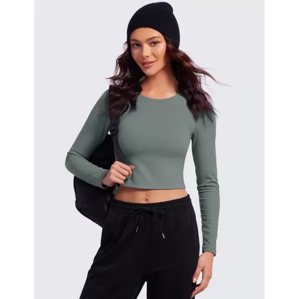 CRZ YOGA Butterluxe Double Lined Long Sleeve Workout Tops for Women Crew Neck Fitted Crop Top Casual Tight Basic ShirtsGrey Sage