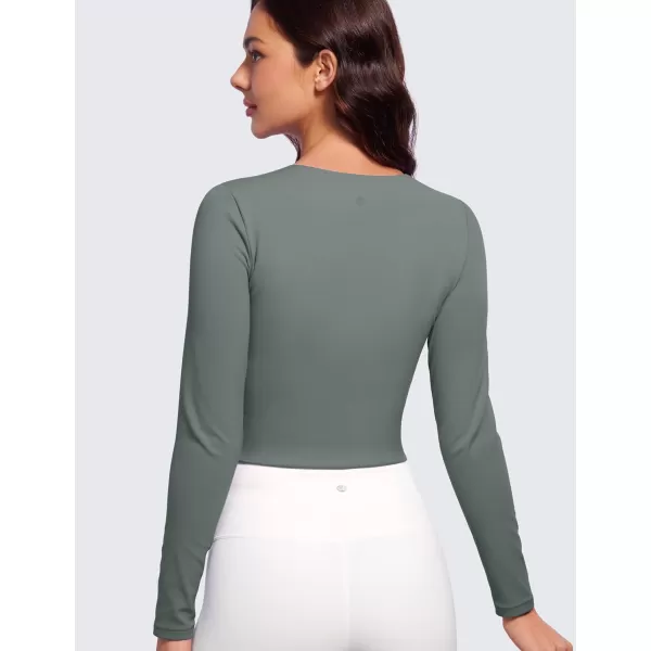 CRZ YOGA Butterluxe Double Lined Long Sleeve Workout Tops for Women Crew Neck Fitted Crop Top Casual Tight Basic ShirtsGrey Sage