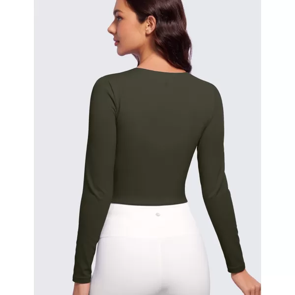 CRZ YOGA Butterluxe Double Lined Long Sleeve Workout Tops for Women Crew Neck Fitted Crop Top Casual Tight Basic ShirtsOlive Green