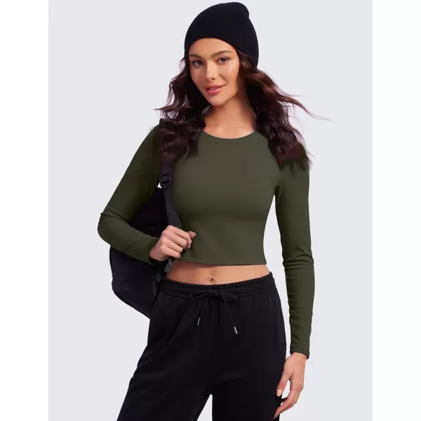 CRZ YOGA Butterluxe Double Lined Long Sleeve Workout Tops for Women Crew Neck Fitted Crop Top Casual Tight Basic ShirtsOlive Green