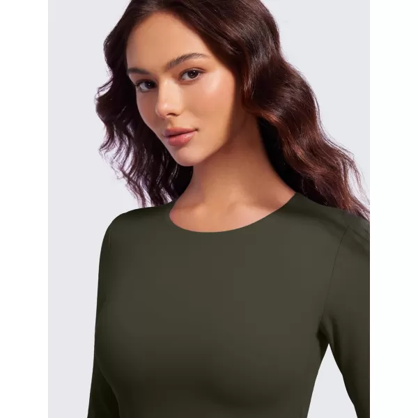 CRZ YOGA Butterluxe Double Lined Long Sleeve Workout Tops for Women Crew Neck Fitted Crop Top Casual Tight Basic ShirtsOlive Green