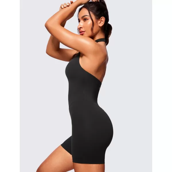 CRZ YOGA Butterluxe Halter Backless Athletic Rompers for Women Workout Bodycon One Piece Shorts Jumpsuit with PadsBlack